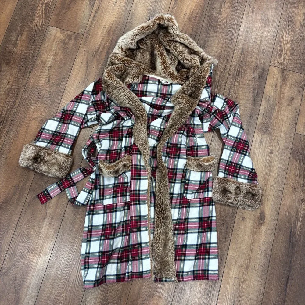 Pottery Barn Stewart Plaid Flannel Faux Fur Robe with Belt Size Large Unisex - Picture 2 of 7